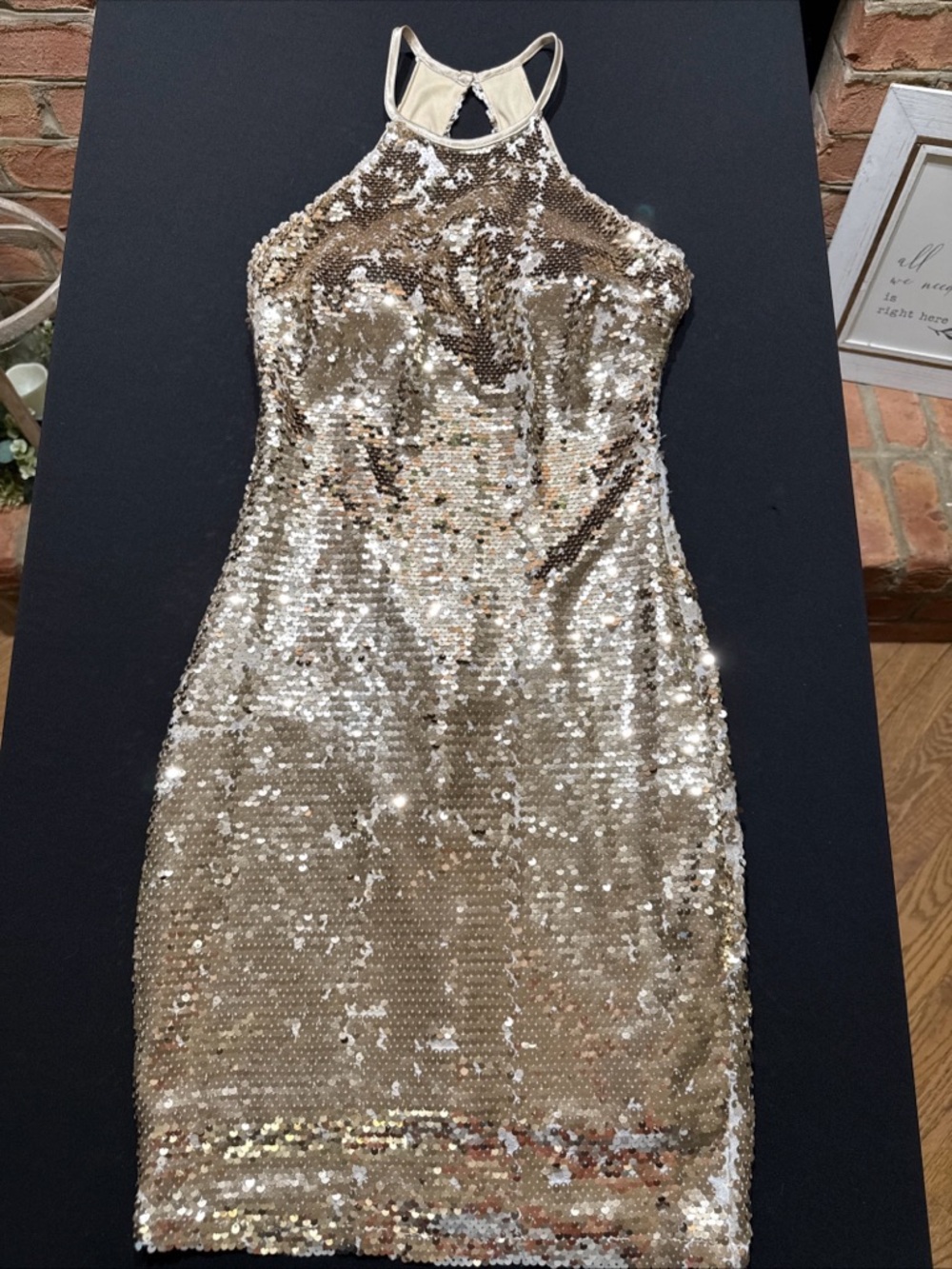 Sequin Hearts Gold Halter Mini Dress